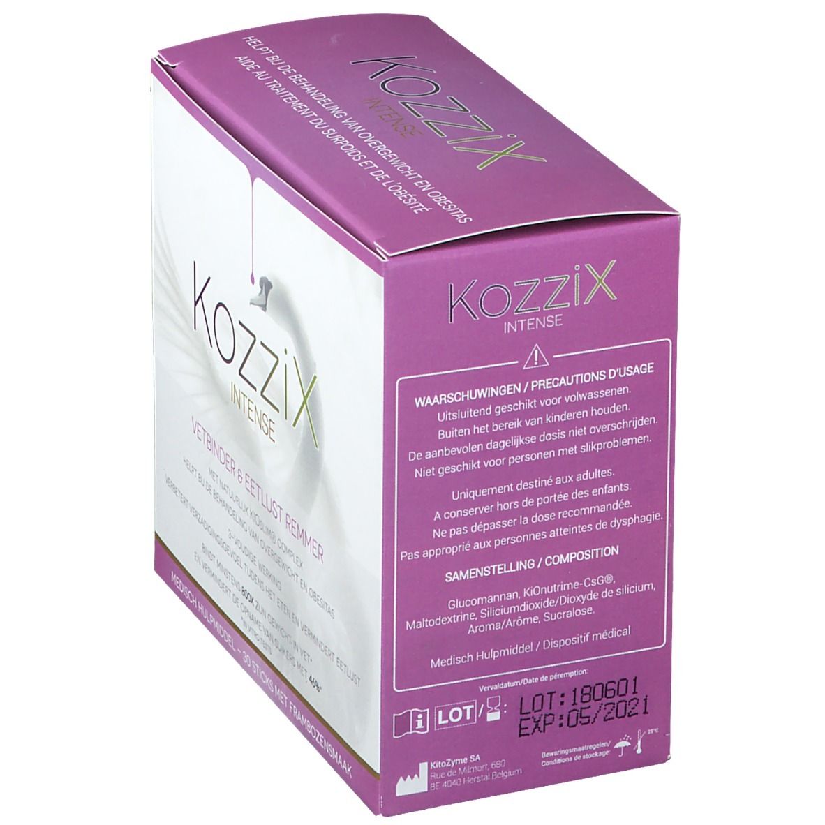 Confezione Kozzix Intense. Scatola rosa e bianca con testo in olandese. 'Waarschuwingen/precautions d'usage'. Ingredienti.