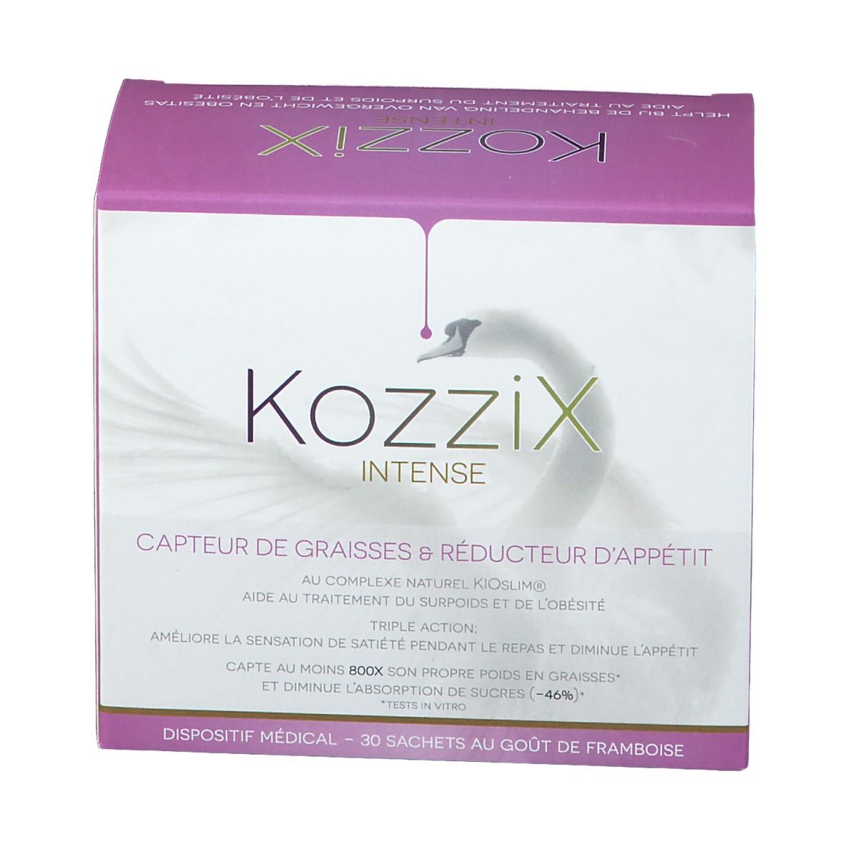 Confezione Kozzix Intense. Scatola rosa e bianca con logo cigno. Testo in francese. 'Capteur de graisses & réducteur d'appétit'.