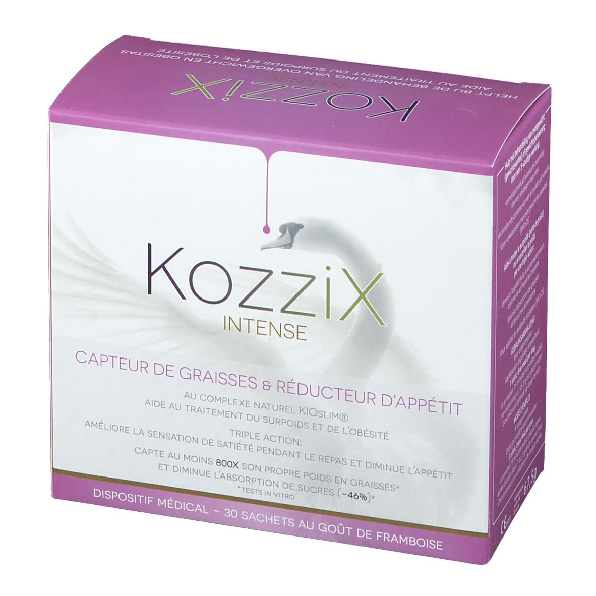 Confezione Kozzix Intense. Scatola rosa e bianca con logo cigno. Testo in francese. 'Capteur de graisses & réducteur d'appétit'.