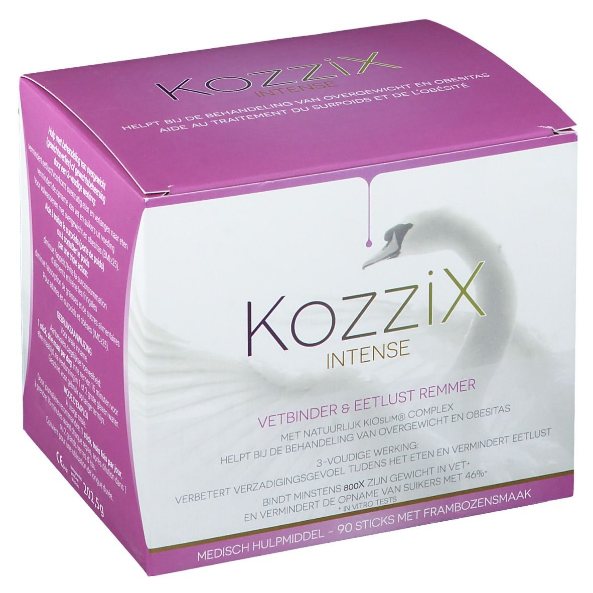 Confezione di Kozzix Intense. Design rosa e bianco con nome del prodotto e logo cigno. Contiene 90 stick.