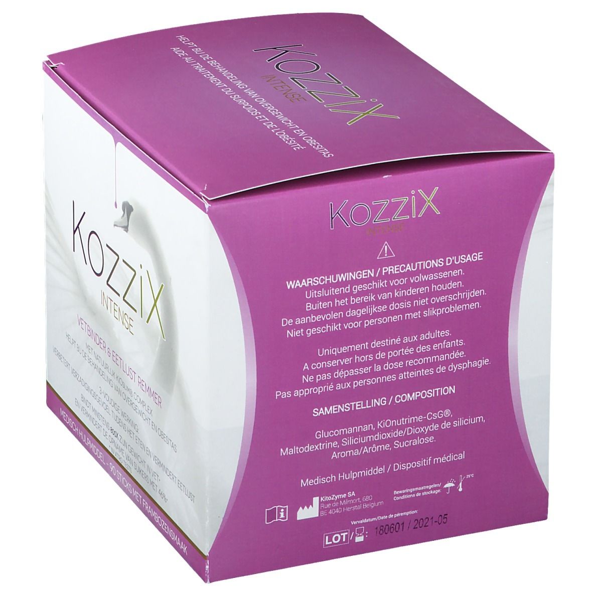 Confezione di Kozzix Intense. Design rosa e bianco con nome del prodotto e logo cigno. Contiene ingredienti e avvertenze.