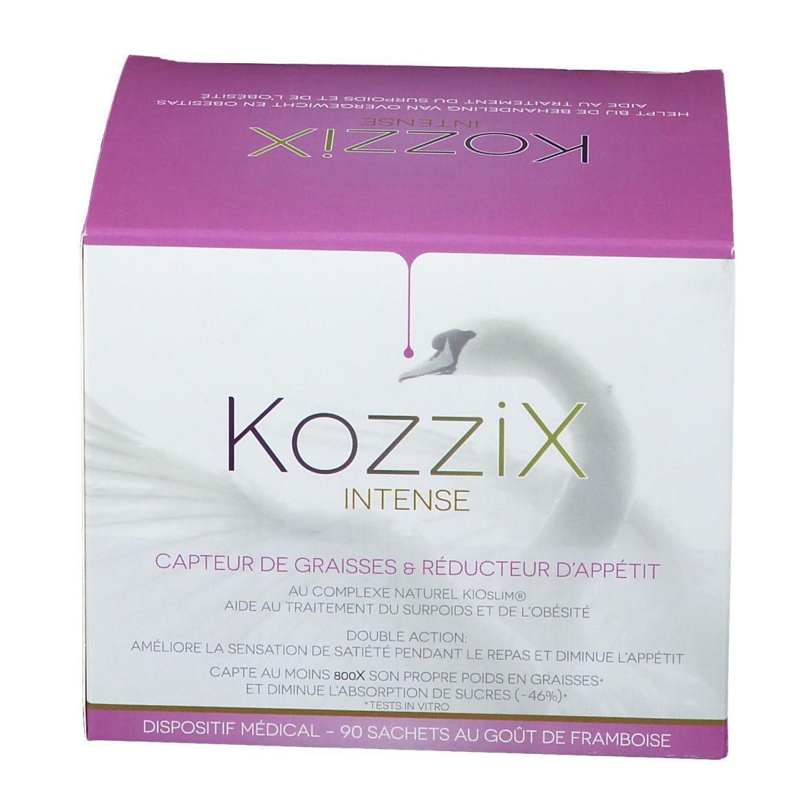 Confezione di Kozzix Intense. Design rosa e bianco con nome del prodotto e logo cigno. Contiene 90 bustine.