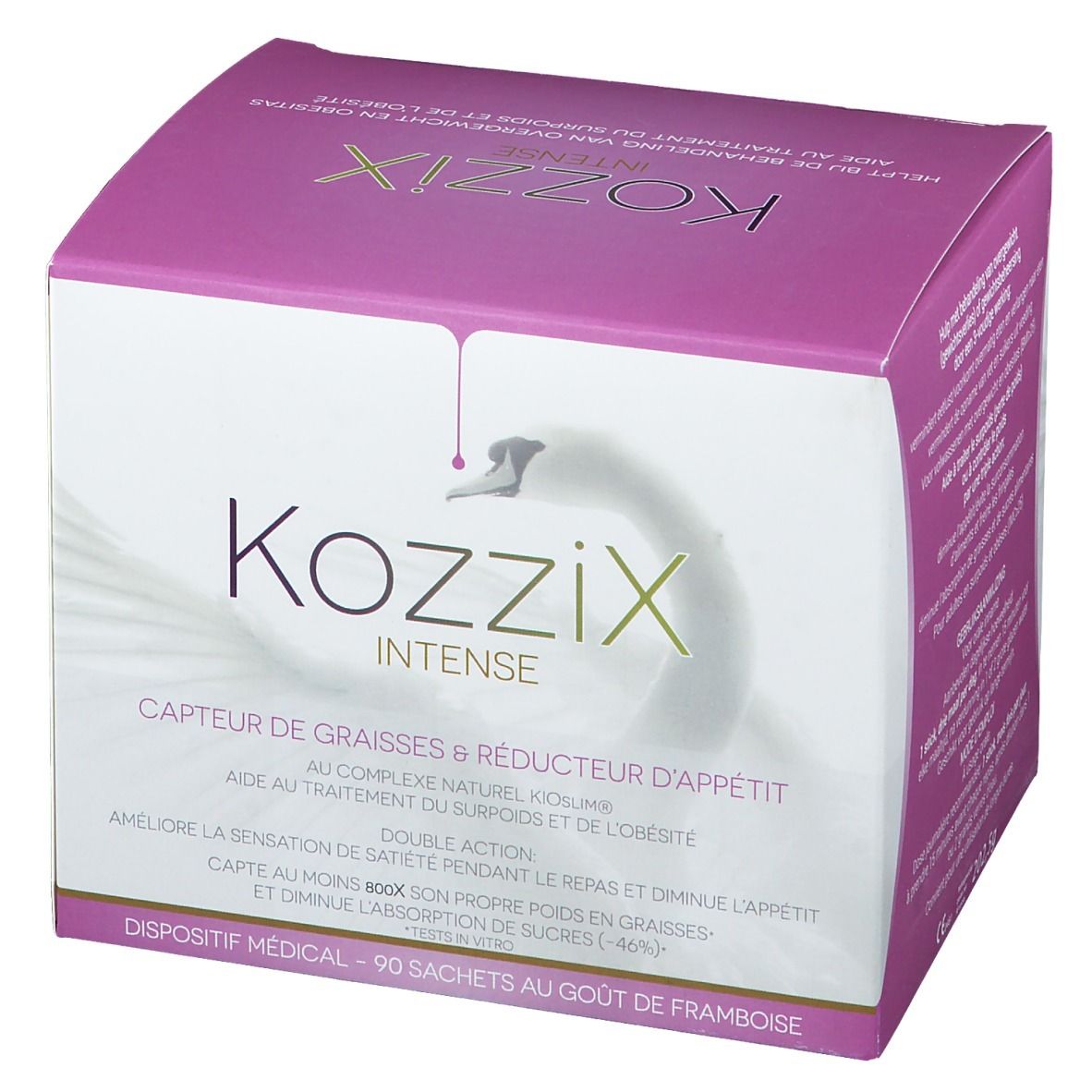 Confezione di Kozzix Intense. Design rosa e bianco con nome del prodotto e logo cigno. Contiene 90 bustine.