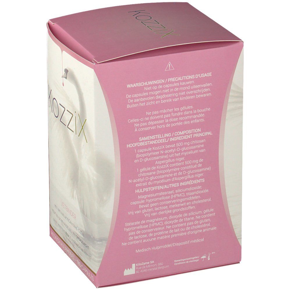 Retro della scatola Kozzix. Testo: Avvertenze, ingredienti, "Medisch hulpmiddel".