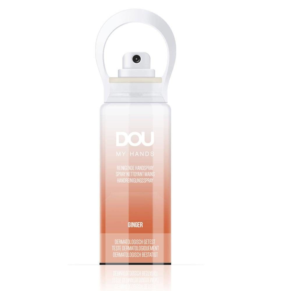 Spray per le mani con erogatore e manico bianchi. Scritta: DOU MY HANDS, Ginger. Dermatologicamente testato.