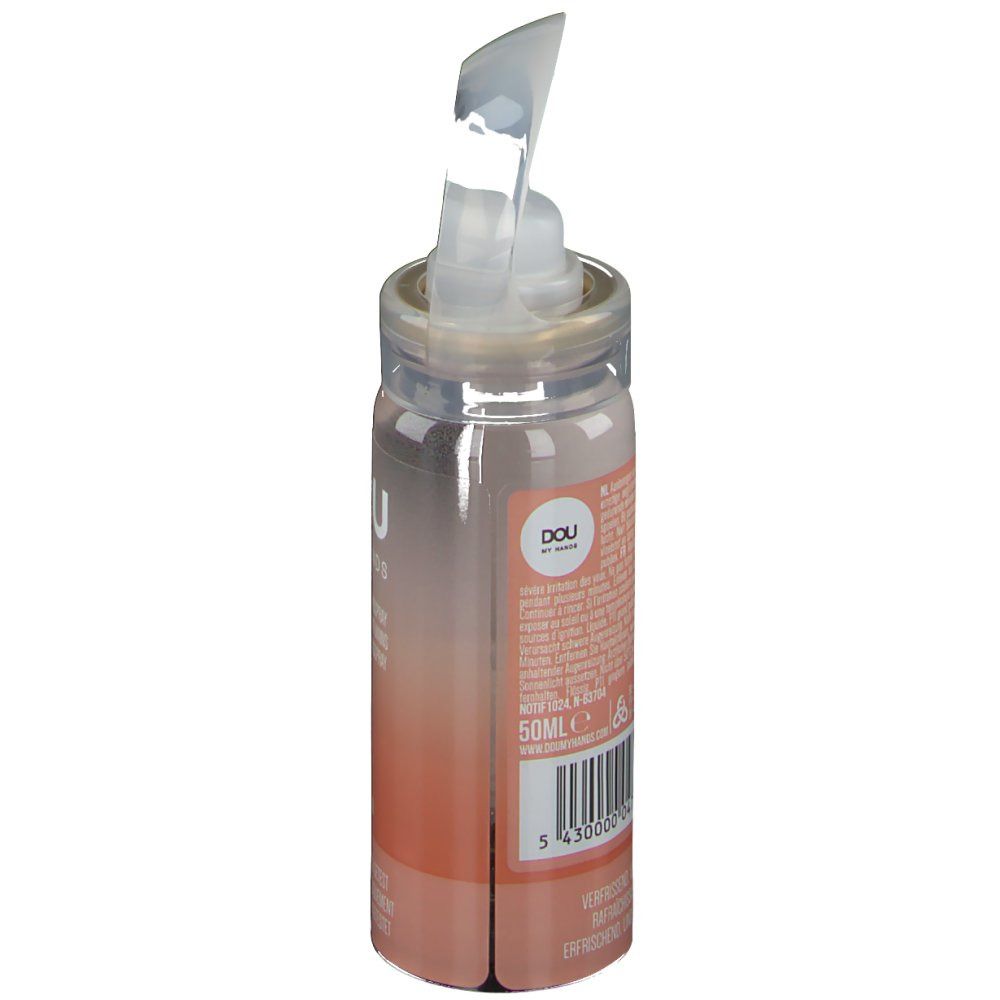 Spray per le mani, flacone trasparente con erogatore. Scritta: DOU MY HANDS, 50ml. Codice a barre.