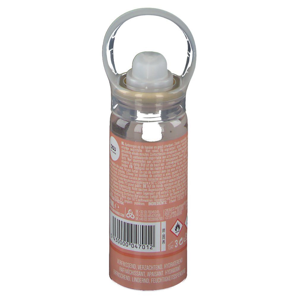 Spray per le mani, flacone trasparente con erogatore e manico. Scritta: DOU MY HANDS. Codice a barre.