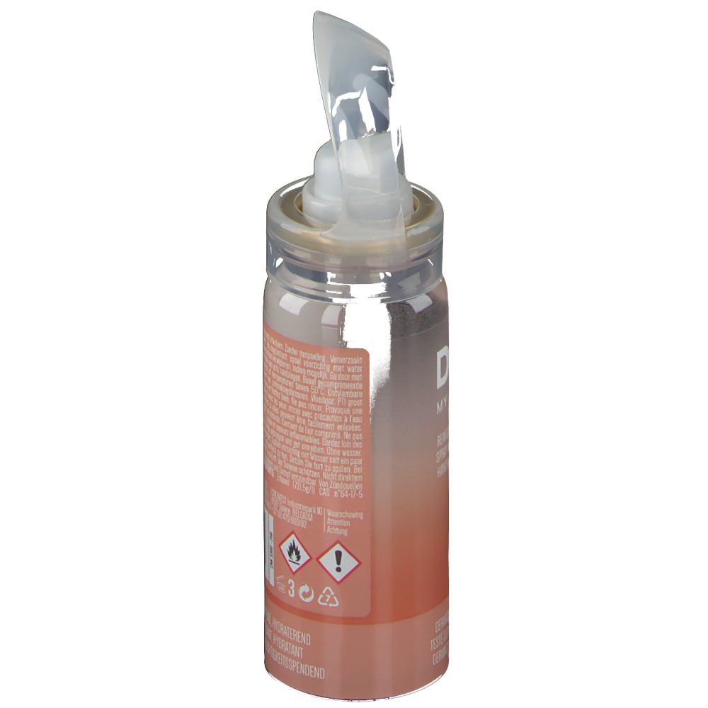 Spray per le mani, flacone trasparente con erogatore. Scritta: DOU MY HANDS. Avvertenze.