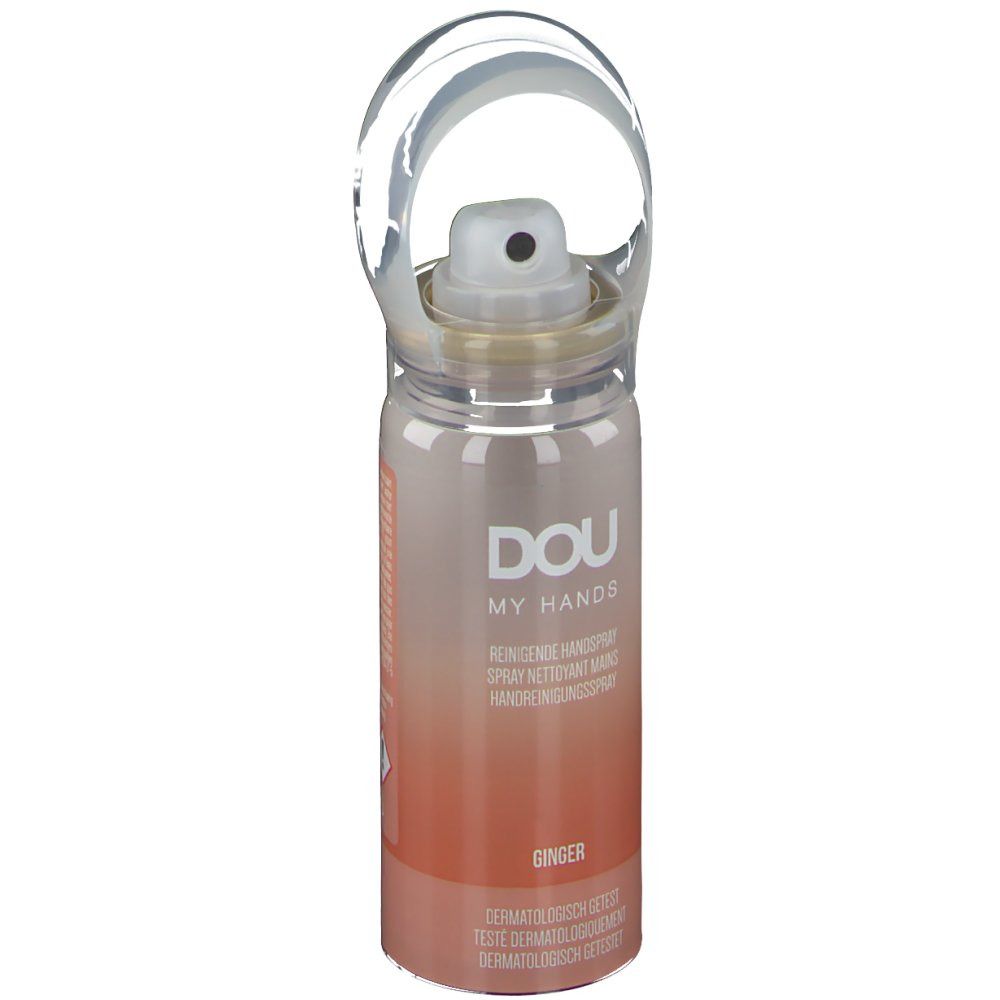 Spray per le mani con erogatore e manico bianchi. Scritta: DOU MY HANDS, Ginger. Dermatologicamente testato.