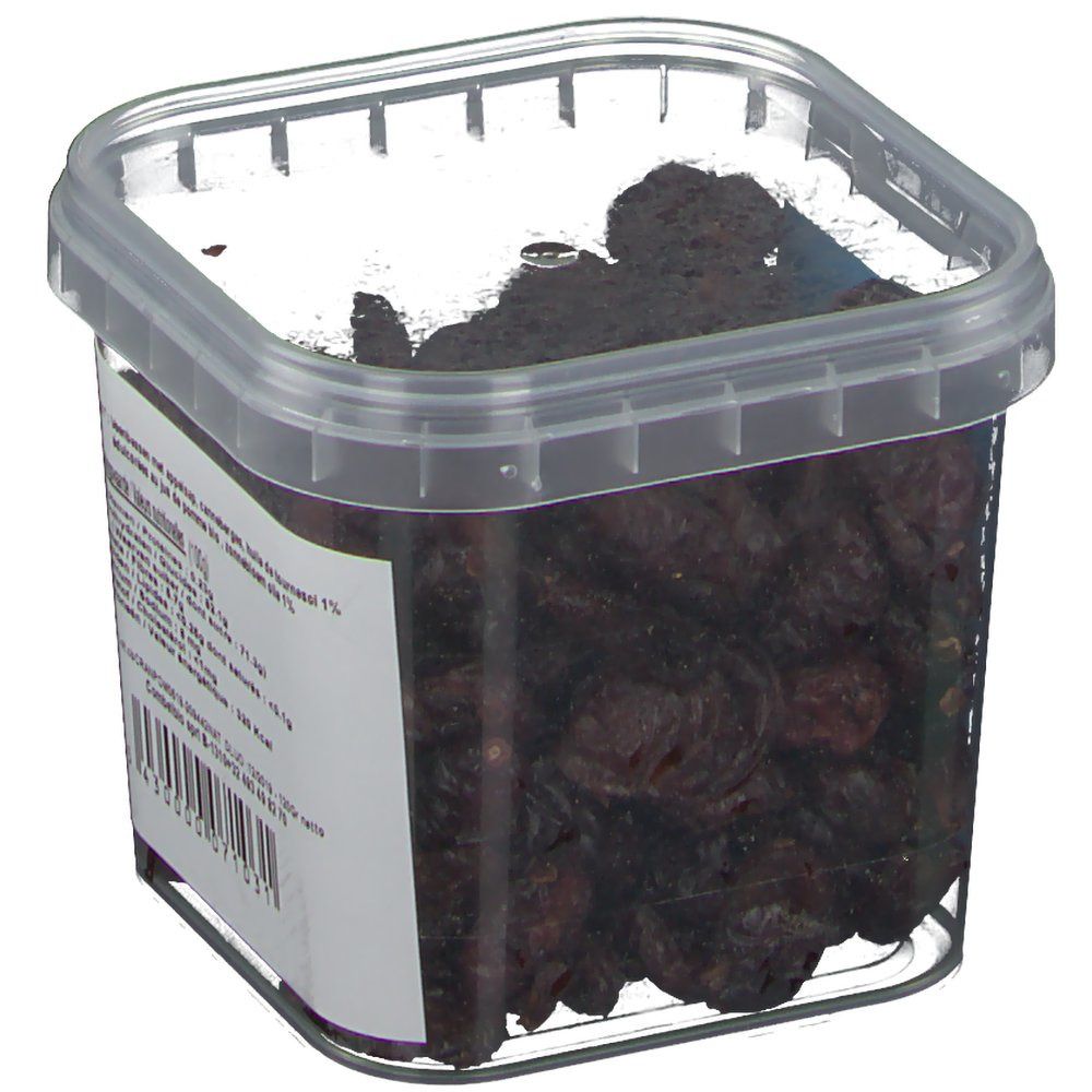 Contenitore trasparente con mirtilli rossi. Etichetta con informazioni nutrizionali e ingredienti. Testo: Cranberries au jus de pommes. Marchio Bio.