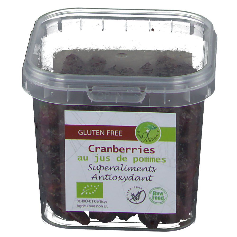 Contenitore trasparente con mirtilli rossi. Etichetta con testo: Cranberries au jus de pommes, Superaliments, Antioxidant. Senza glutine. Marchio Bio.