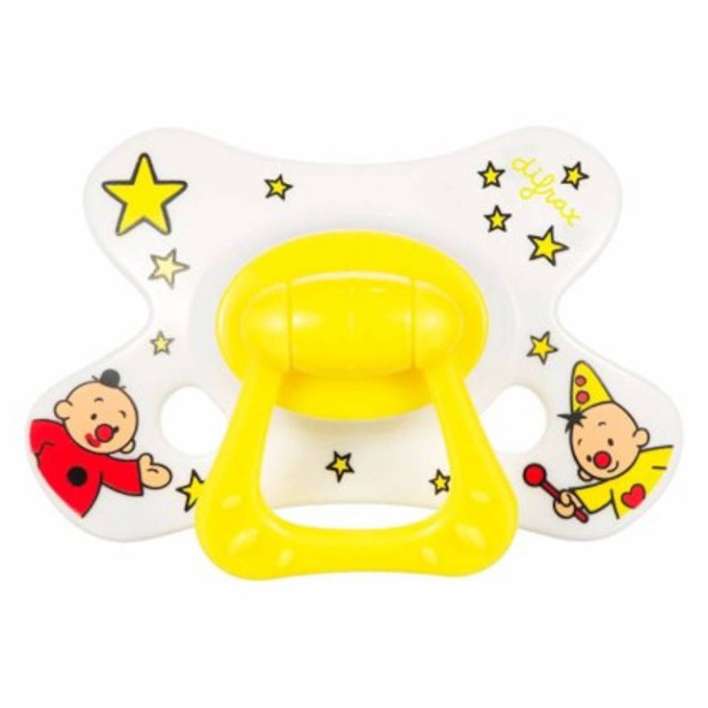 Succhietto giallo con stelle e motivi Bumba. Tettarella gialla, scudo bianco con stelle e personaggi.