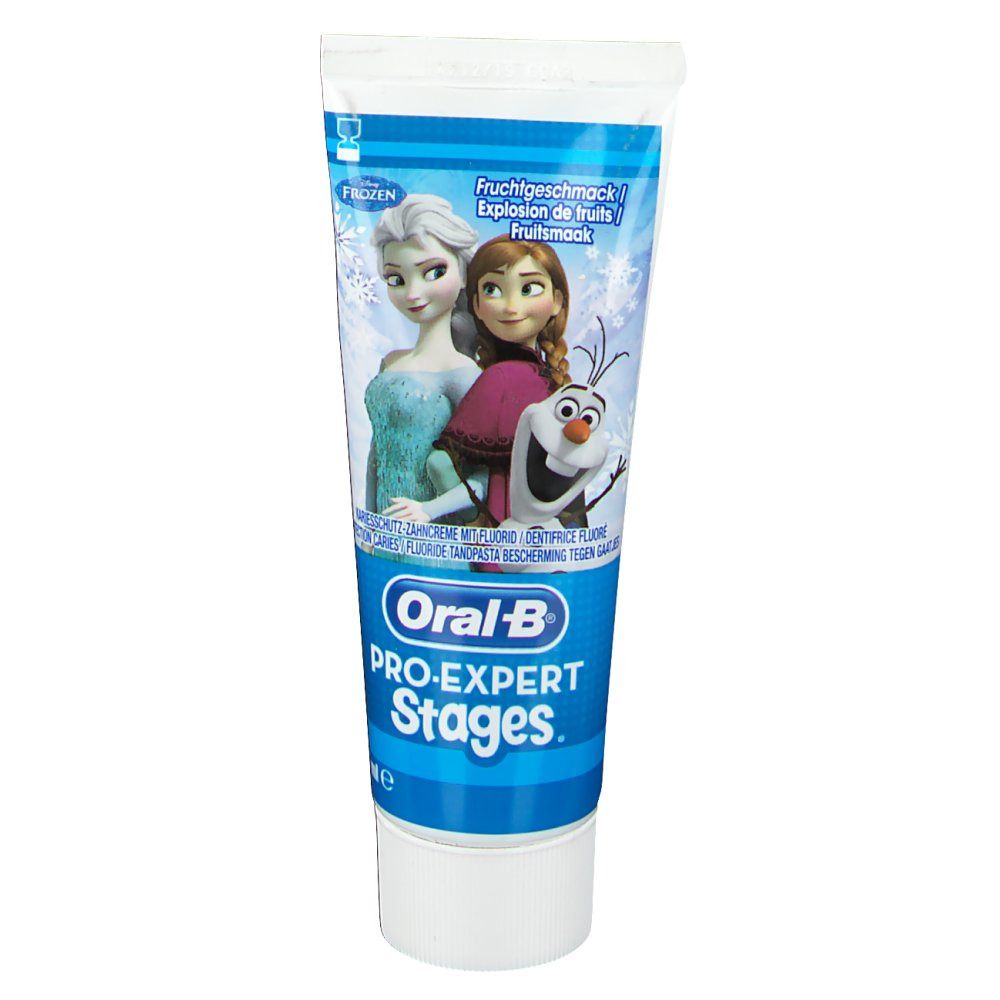 Tubo di dentifricio. Tubo bianco-blu con personaggi di Frozen e logo Oral-B Pro-Expert Stages.