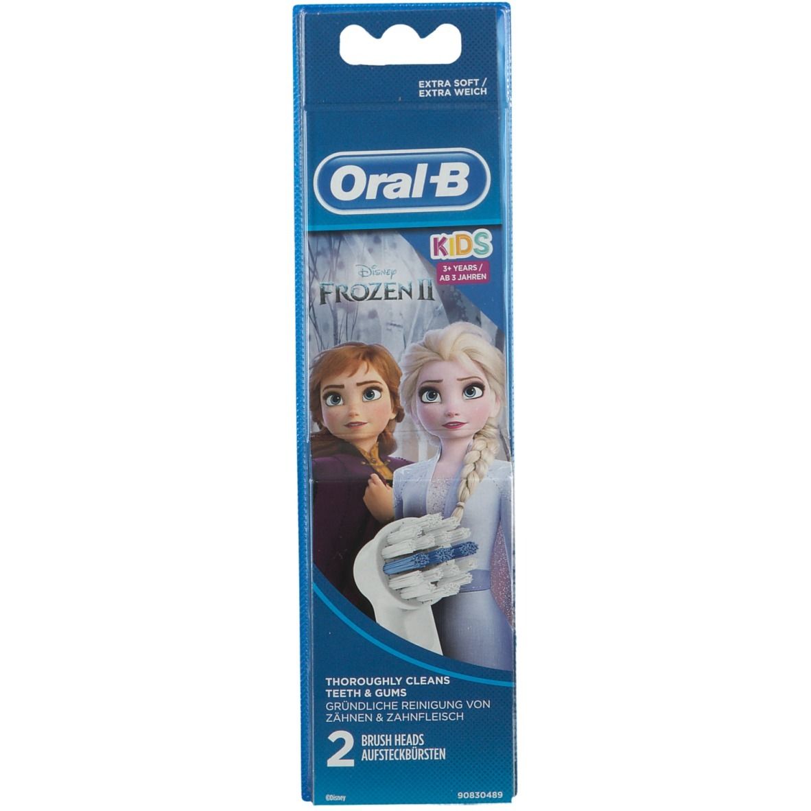 Testine per spazzolino per bambini. Confezione con due testine, logo Oral-B, motivo Frozen. Extra morbide.