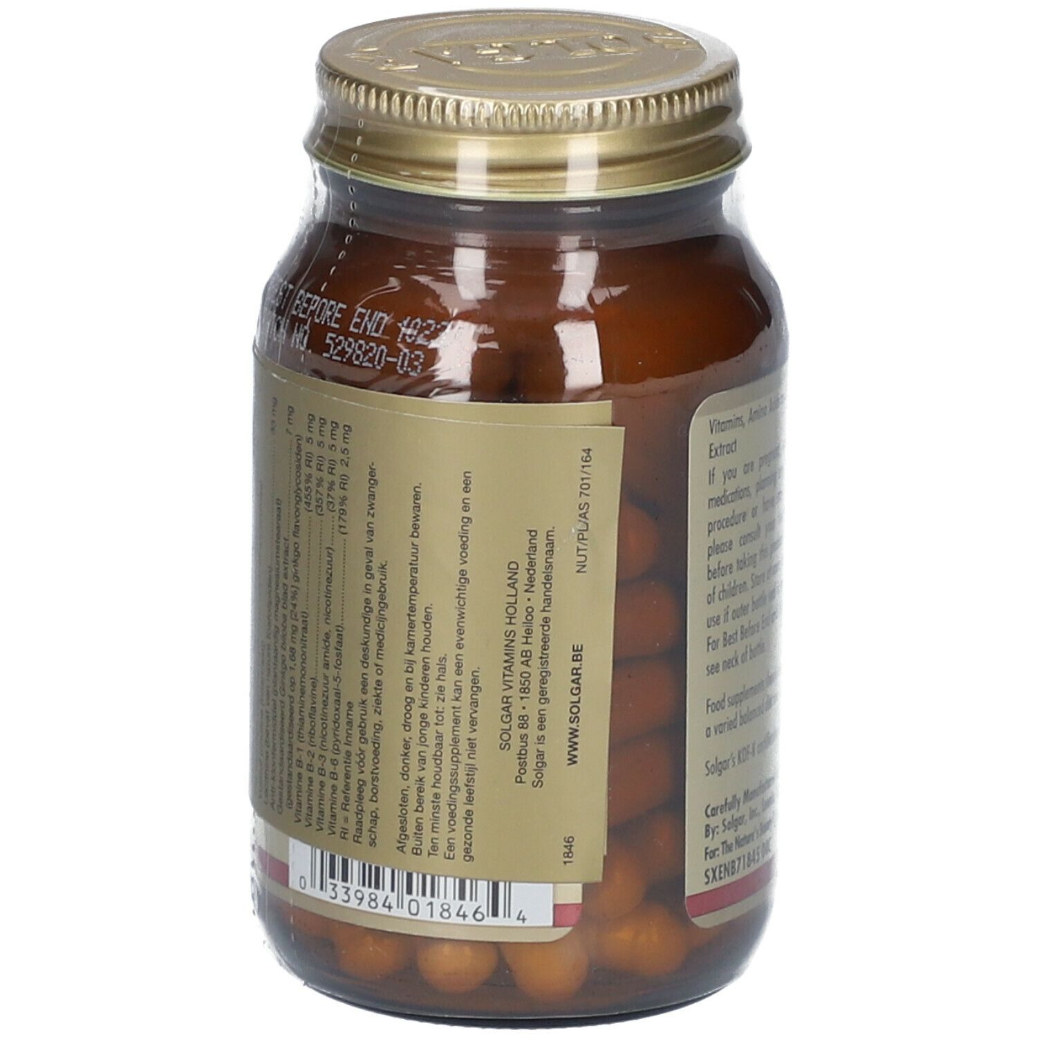 Vista posteriore del flacone con capsule. Etichetta con ingredienti e data di scadenza. Vetro marrone.