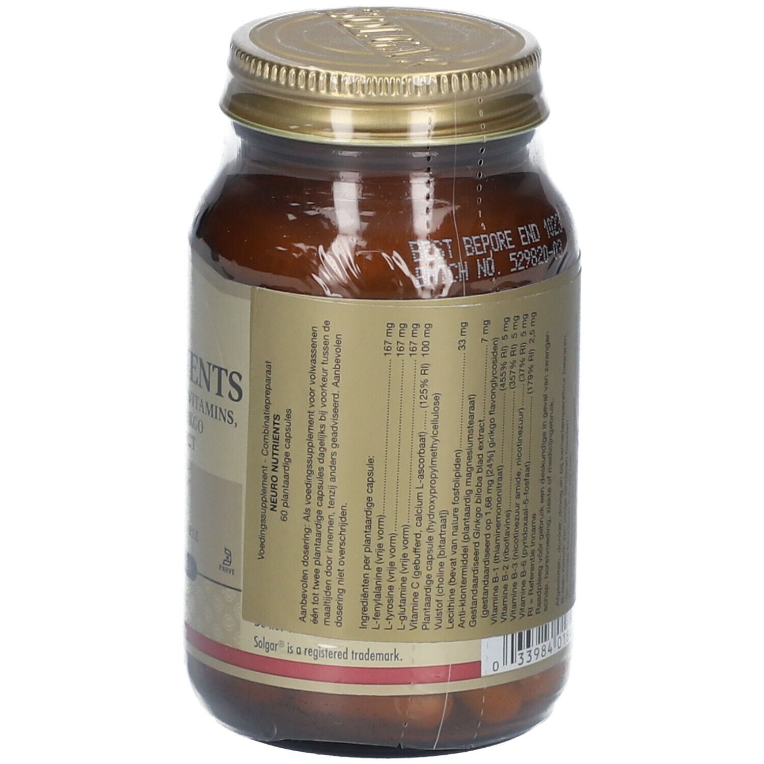 Vista posteriore del flacone. Etichetta con ingredienti e informazioni nutrizionali. Vetro marrone.