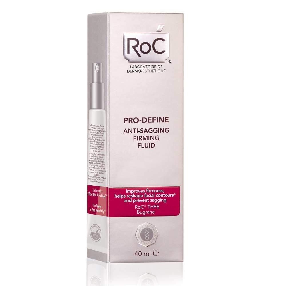 Confezione del prodotto, bianca con immagine e testo. Scritte: RoC, PRO-DEFINE, Anti-Sagging Firming Fluid. 40 ml.