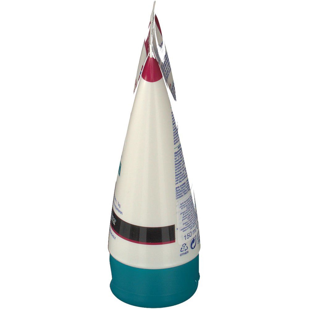 Vista laterale di un tubo. Bianco, design rosso e blu. Scritta illeggibile. Tappo turchese.