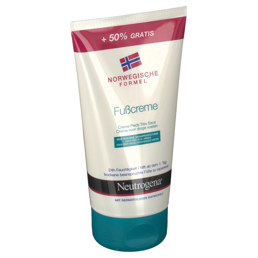 Tubo bianco con design rosso e blu. Scritta: Crema piedi Formula Norvegese. Contiene il 50% in più. Marchio: Neutrogena.