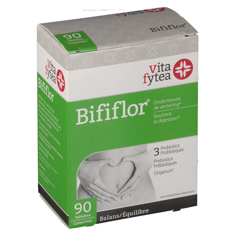 Scatola di Bififlor. 90 compresse. Logo Vita fytea. Supporta la digestione. 3 probiotici.