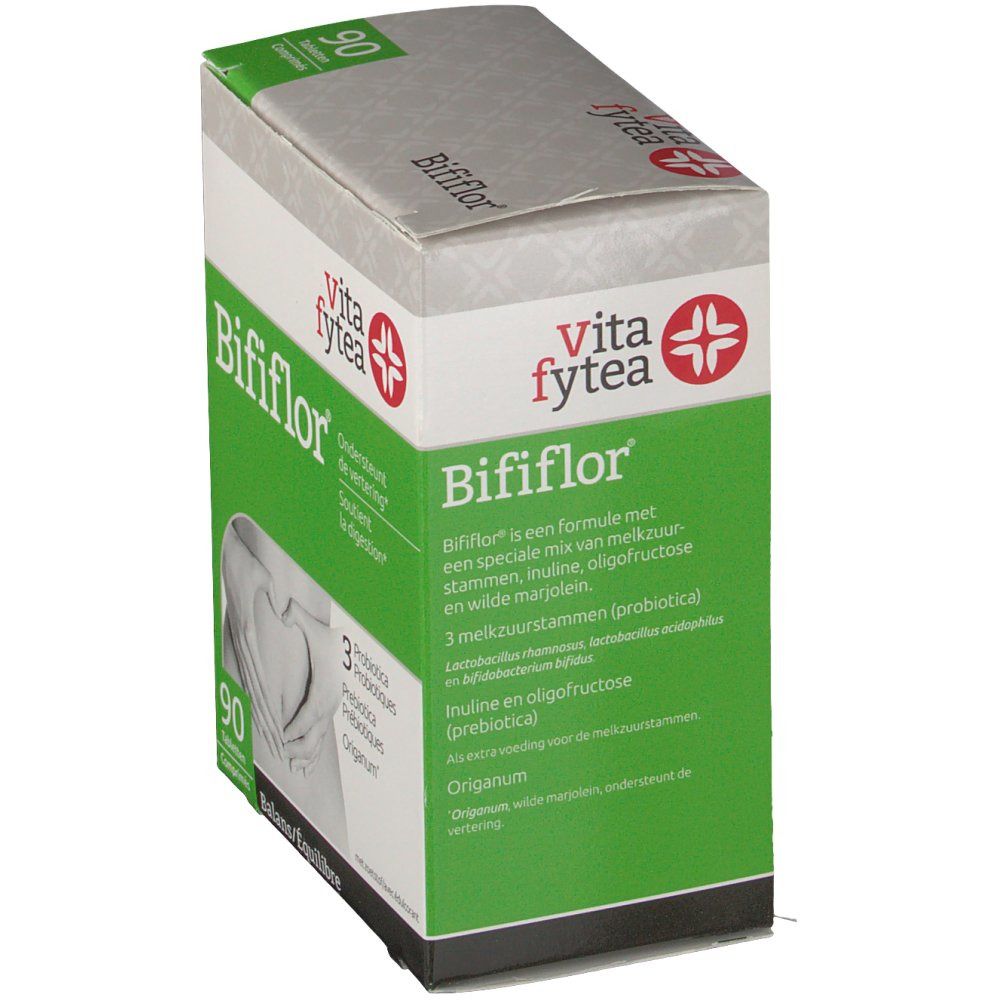 Scatola Bififlor. 90 compresse. Logo Vita fytea. Contiene fermenti lattici, inulina, oligofruttosio.