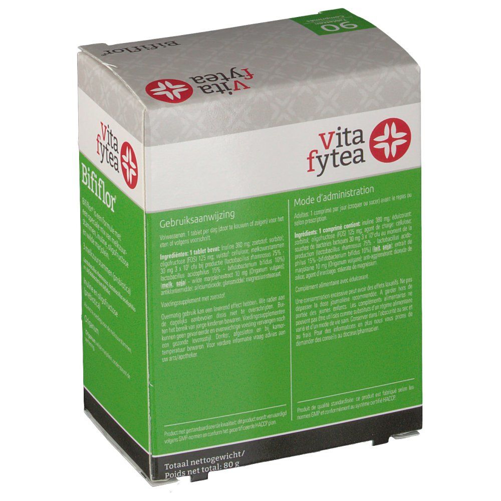 Retro scatola Bififlor. Istruzioni per l'uso. Logo Vita fytea. 90 compresse. Peso netto 30g.