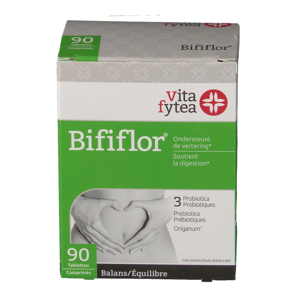 Scatola Bififlor. 90 compresse. Logo Vita fytea. Supporta la digestione. 3 probiotici. Balans/Équilibre.