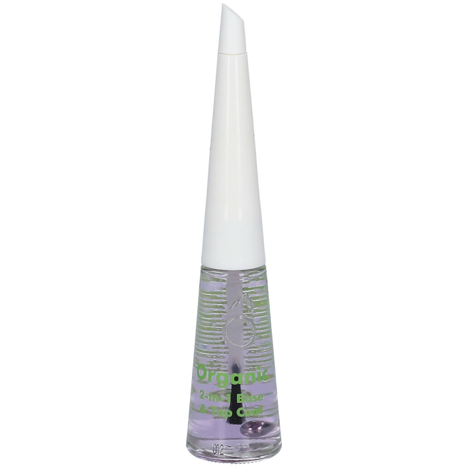 Flacone di smalto trasparente. Tappo bianco, stampa verde. Scritta: Organic 2-in-1 Base & Top Coat.