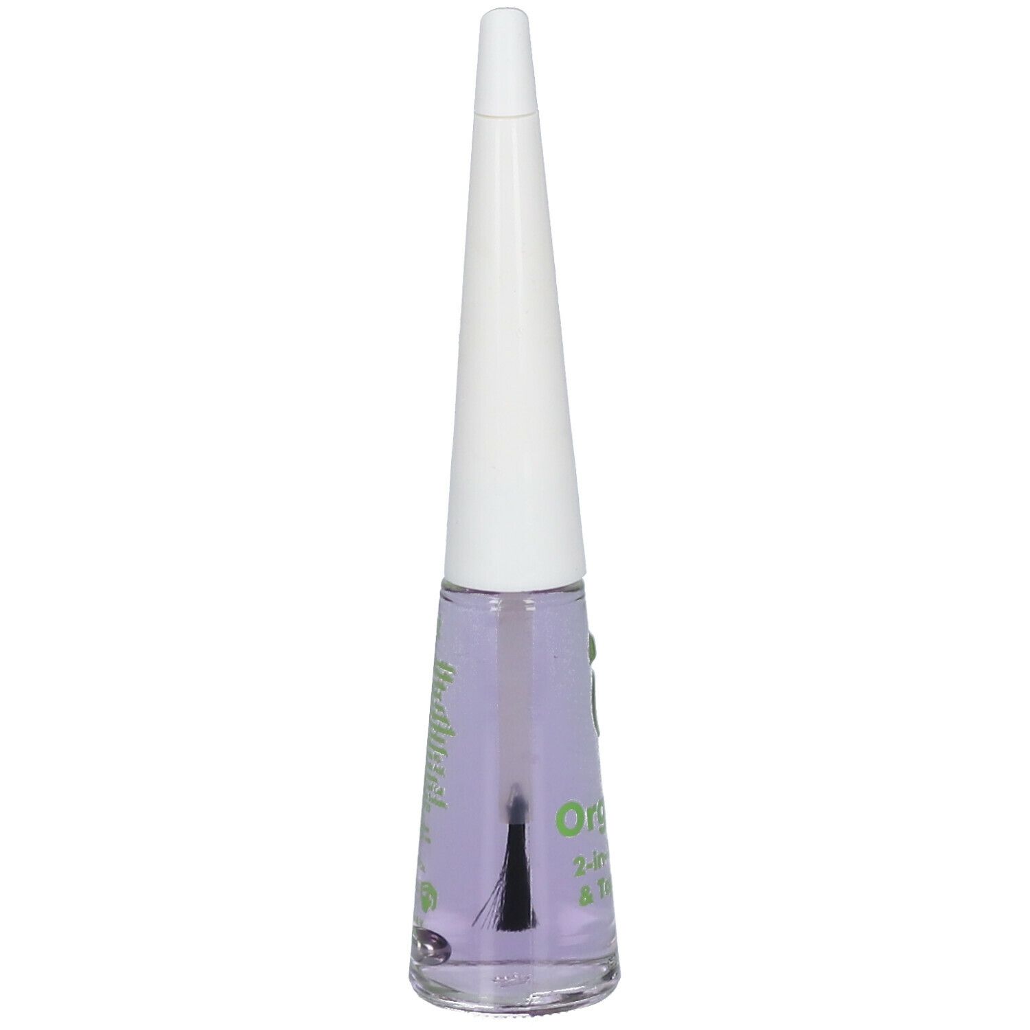 Flacone di smalto trasparente. Tappo bianco, stampa verde. Scritta: Organic 2-in-1 Base & Top Coat.