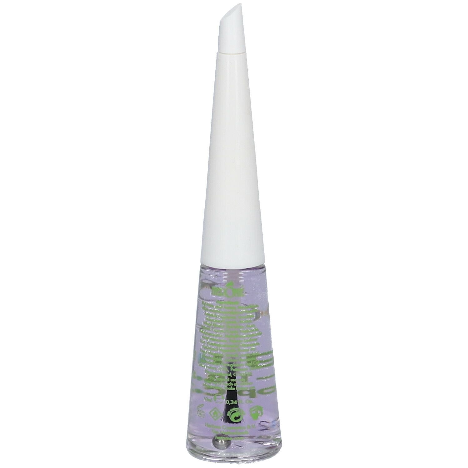 Flacone di smalto trasparente. Tappo bianco, stampa verde. Scritta: Organic 2-in-1 Base & Top Coat.