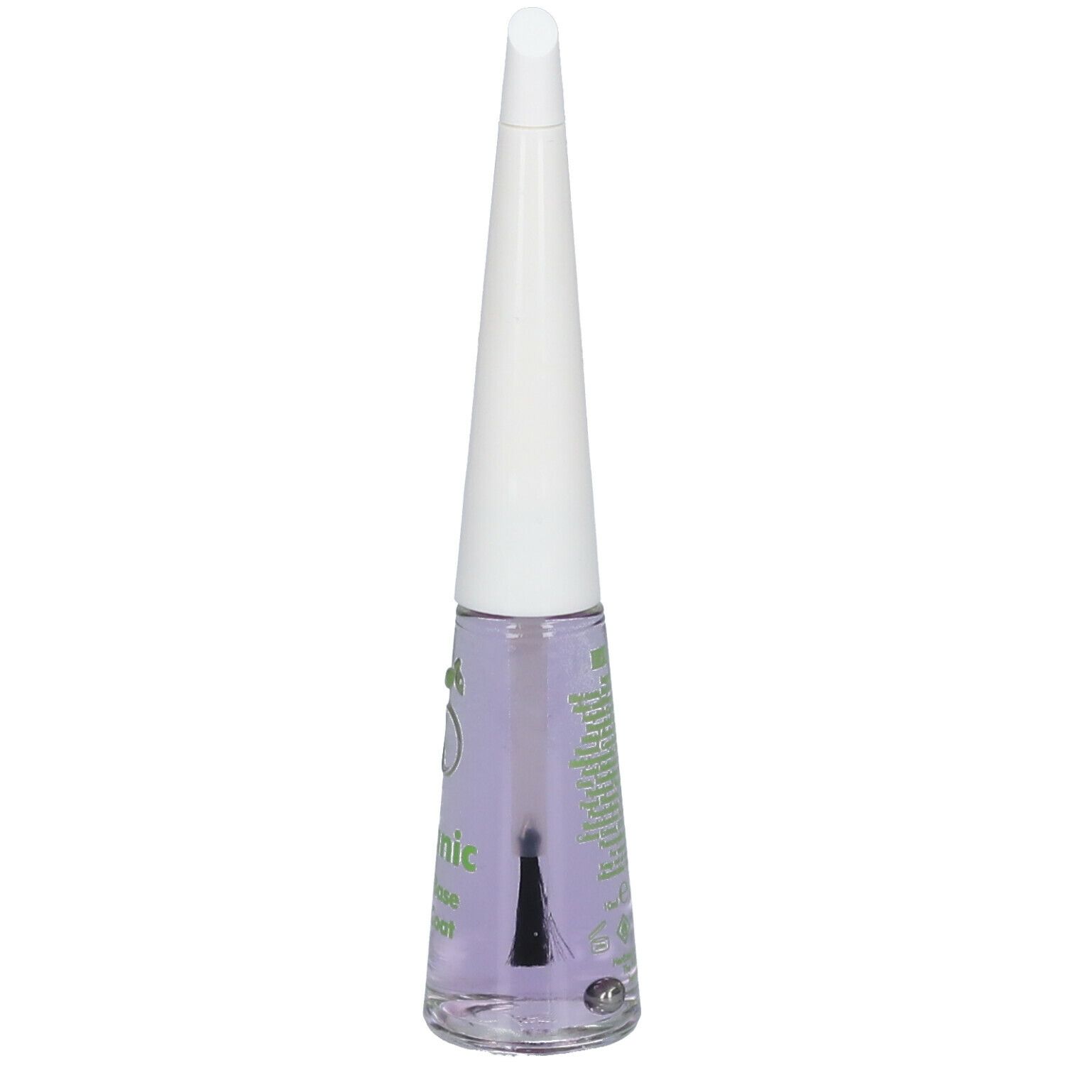 Flacone di smalto trasparente. Tappo bianco, stampa verde. Scritta: Organic 2-in-1 Base & Top Coat.