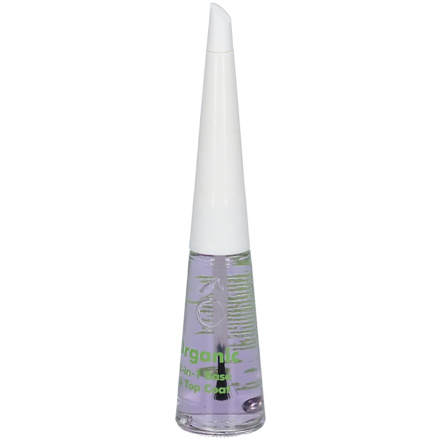 Flacone di smalto trasparente. Tappo bianco, stampa verde. Scritta: Organic 2-in-1 Base & Top Coat.