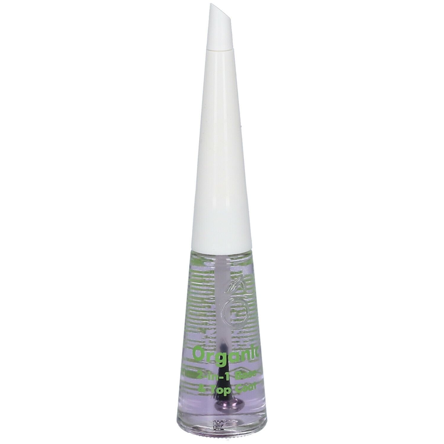 Flacone di smalto trasparente. Tappo bianco, stampa verde. Scritta: Organic 2-in-1 Base & Top Coat.