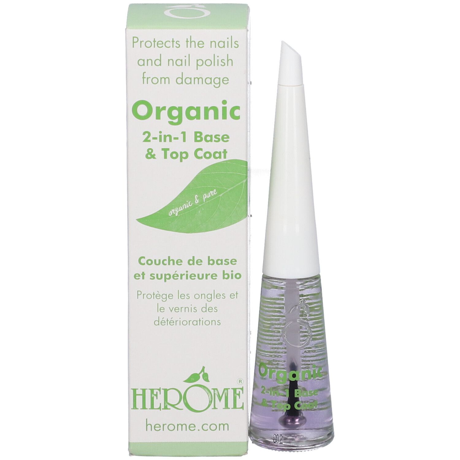 Flacone di smalto e confezione. Scritta: Organic 2-in-1 Base & Top Coat. Confezione con testo e logo.