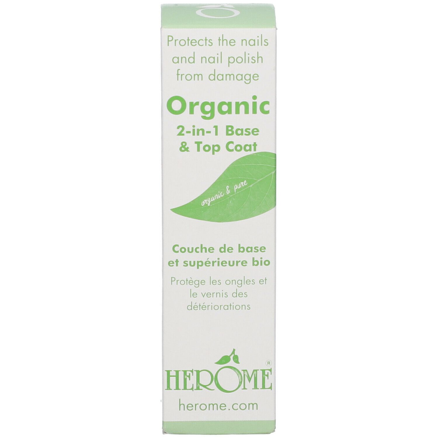 Confezione con testo e logo. Scritta: Organic 2-in-1 Base & Top Coat. Marchio: HEROME.
