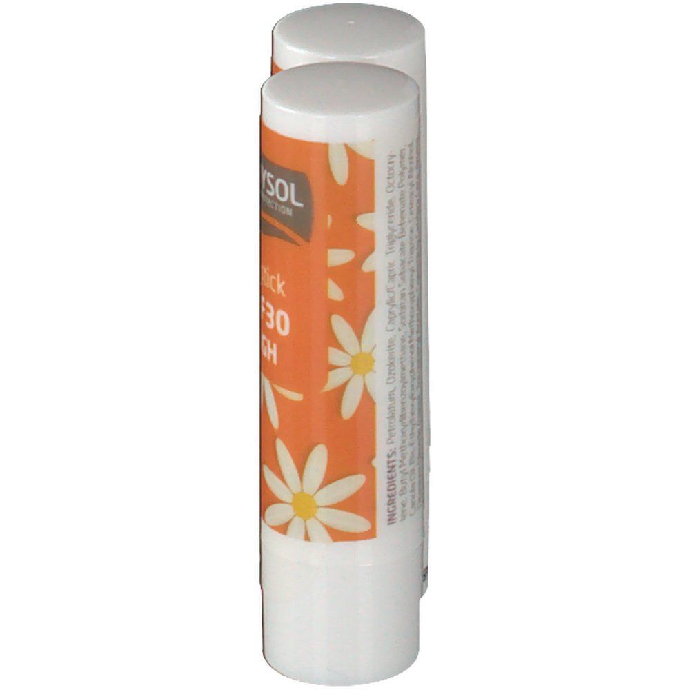 Rossetto con tappo bianco. Astuccio arancione con margherite e testo: Lipstick SPF30 HIGH. Marchio: BODYSOL.