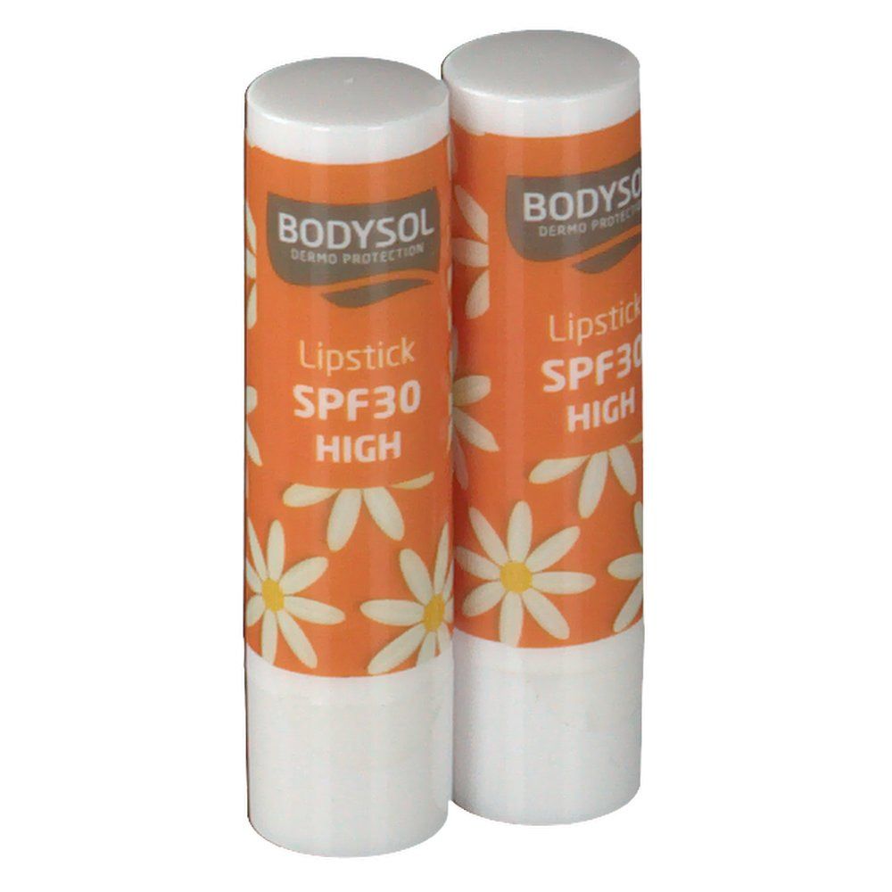 Due rossetti con tappo bianco. Astuccio arancione con margherite e testo: Lipstick SPF30 HIGH. Marchio: BODYSOL.