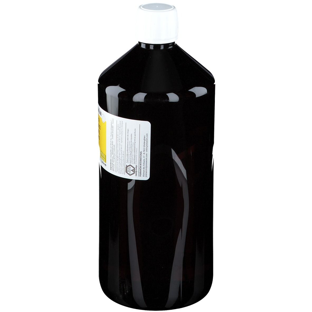 Bottiglia marrone con tappo bianco. Etichetta con informazioni sul prodotto. Bottiglia in piedi.