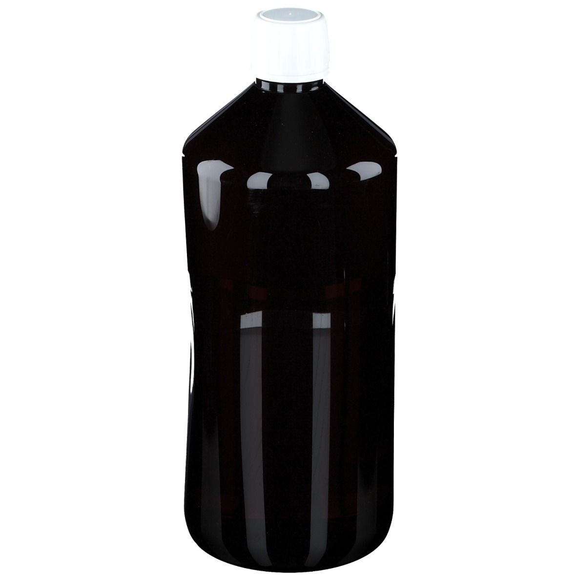 Bottiglia marrone con tappo bianco. Bottiglia in piedi. Nessuna etichetta visibile.