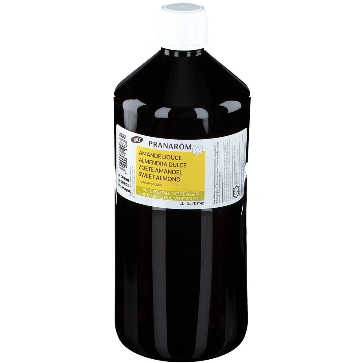 Bottiglia marrone con tappo bianco. Etichetta con nome del prodotto e ingredienti. 1 litro.