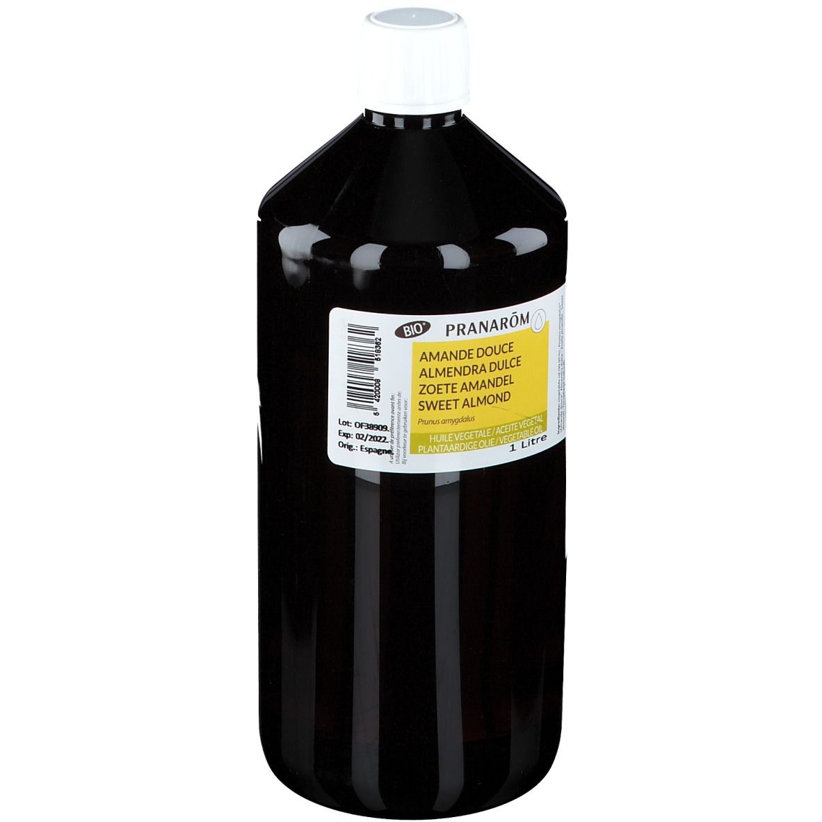 Bottiglia marrone con tappo bianco. Etichetta con nome del prodotto e ingredienti. 1 litro.