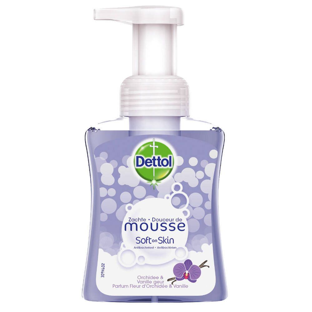 Dettol® schiuma detergente. Flacone con dosatore a pompa. Liquido viola. Orchidea & Vaniglia. Mousse delicata.