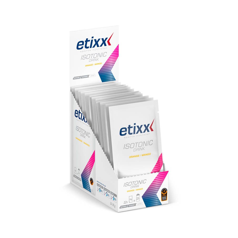 Buste Etixx Isotonic Drink in espositore. Arancia/Mango. Scatola con più buste. Logo e nome del prodotto visibili.