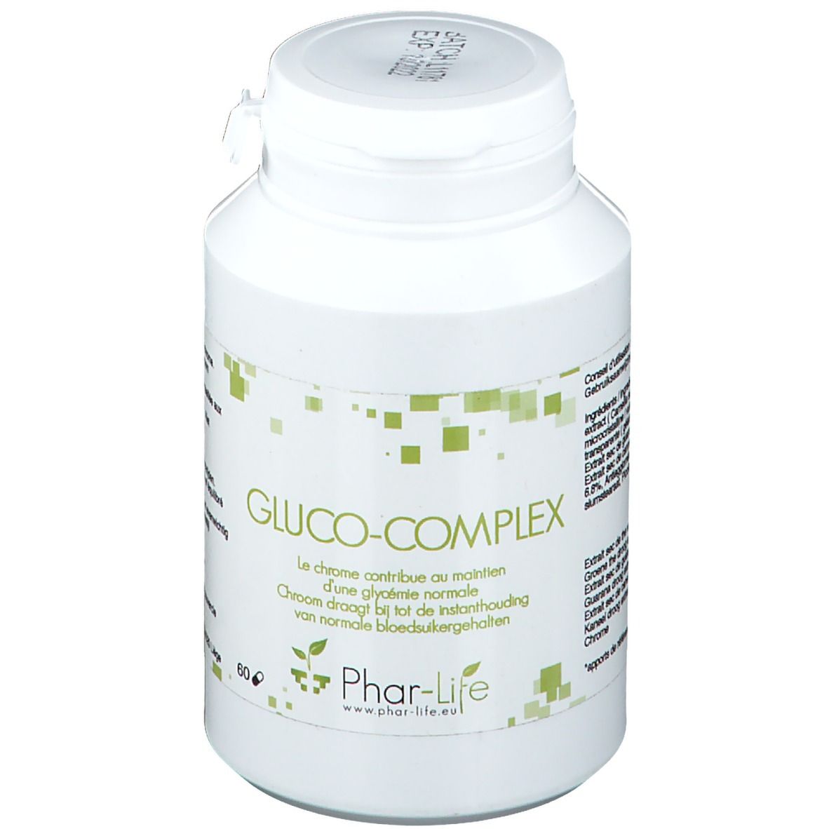 Flacone bianco Phar Life Gluco-Complex. Scritta: Gluco-Complex, Phar-life.eu. Decorazione quadrata verde.