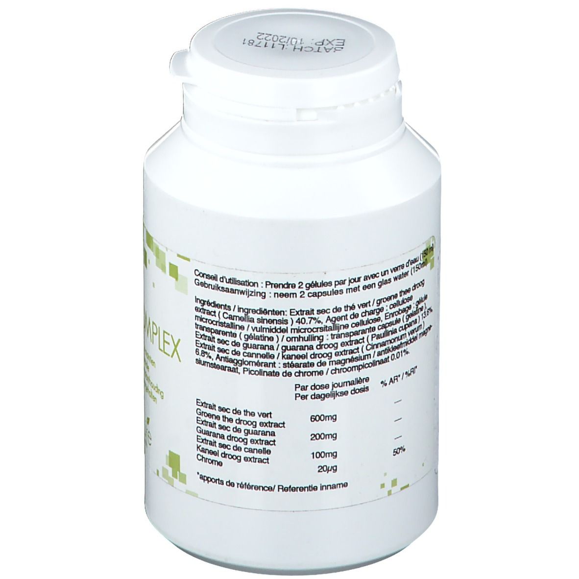 Flacone bianco Phar Life Gluco-Complex. Scritta: Ingredienti, estratto, cromo. Decorazione quadrata verde.