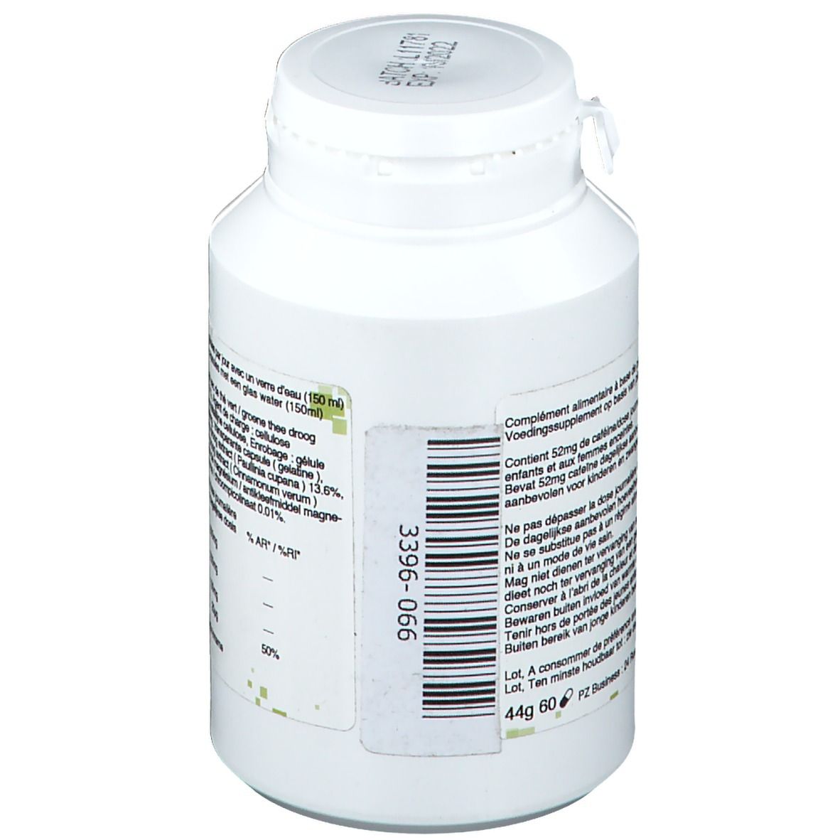 Flacone bianco Phar Life Gluco-Complex. Scritta: 3396-066, 44g 60. Codice a barre. Decorazione quadrata verde.