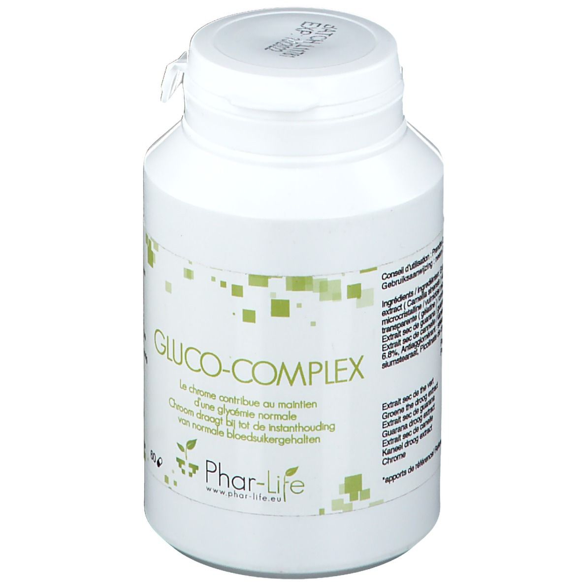 Flacone bianco Phar Life Gluco-Complex. Scritta: Gluco-Complex, Phar-life.eu. Decorazione quadrata verde.
