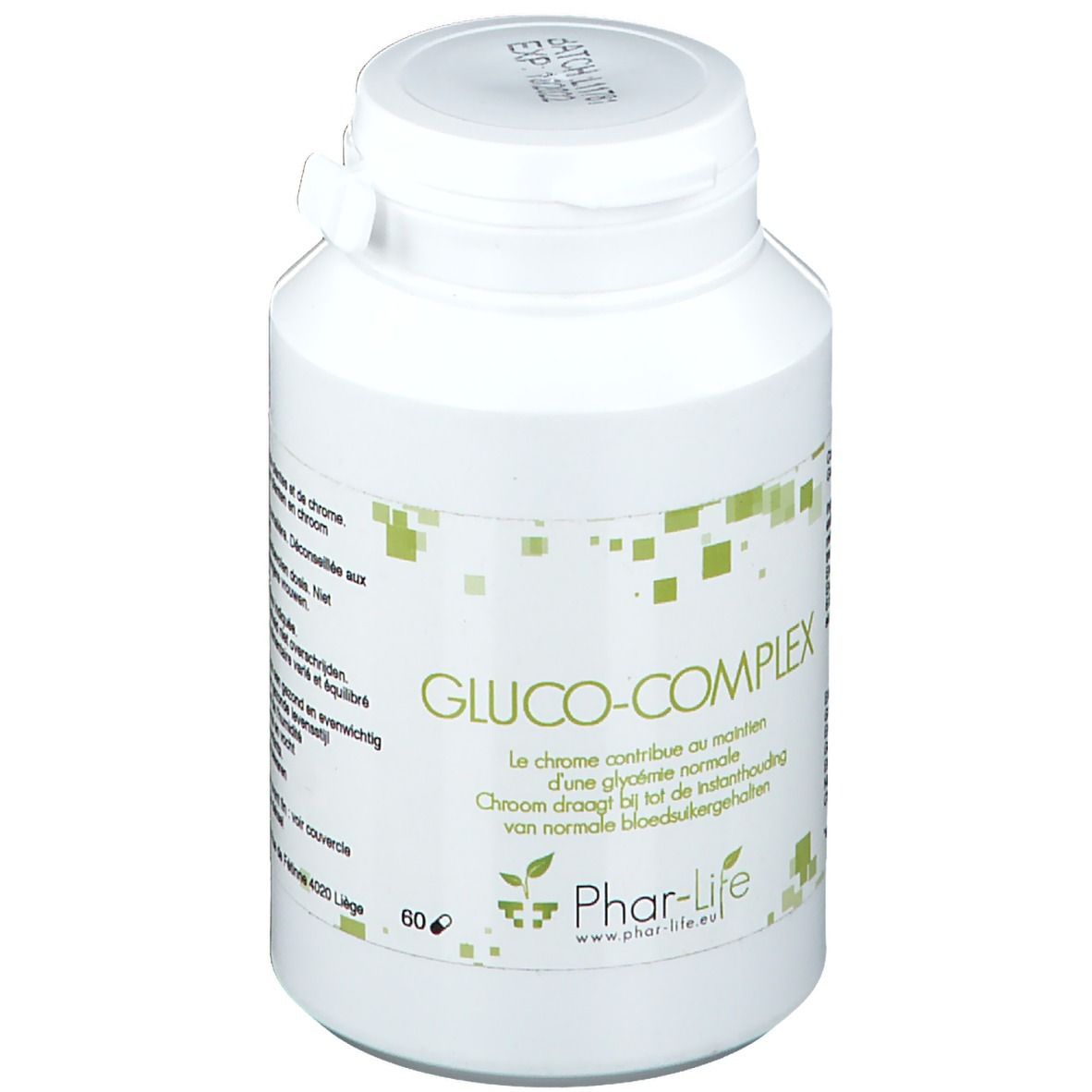 Flacone bianco Phar Life Gluco-Complex. Scritta: Gluco-Complex, Phar-life.eu. Decorazione quadrata verde.