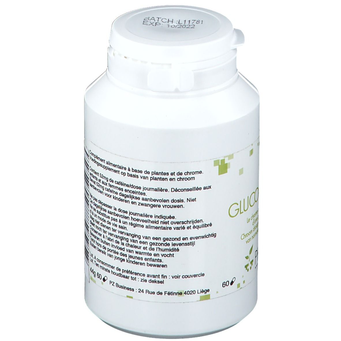 Flacone bianco Phar Life Gluco-Complex. Scritta: Integratore alimentare, 60 capsule. Decorazione quadrata verde.