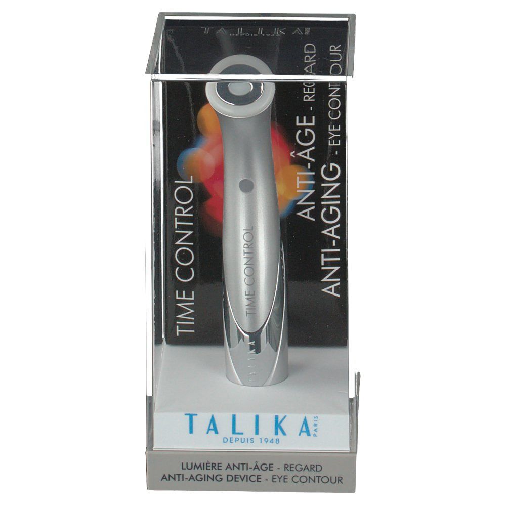 Dispositivo argentato in custodia trasparente. Scritte: TIME CONTROL, ANTI-AGING, TALIKA. Vista frontale.